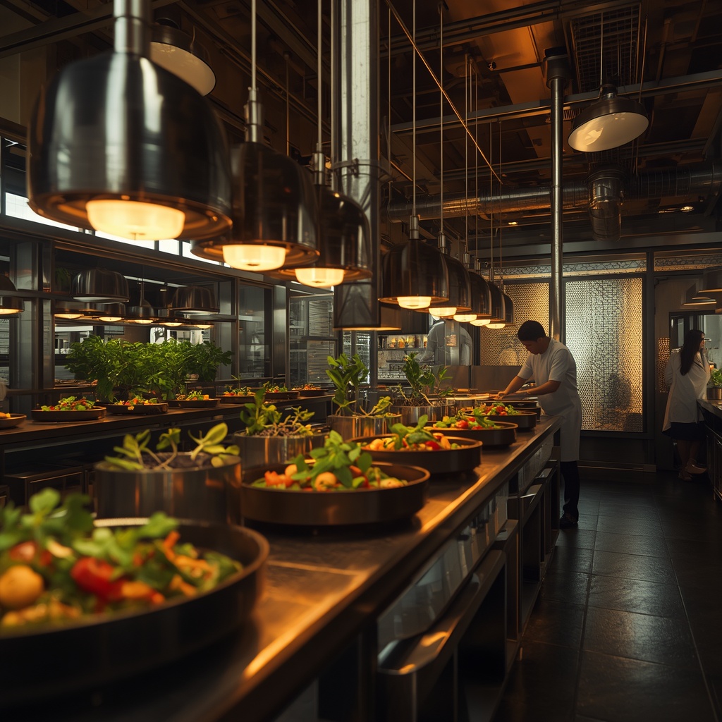 A high-end, futuristic culinary laboratory with glowing ambient lights and chefs working on innovative plant-based dishes. Highly detailed, cinematic lighting, photorealistic. No people faces visible.
