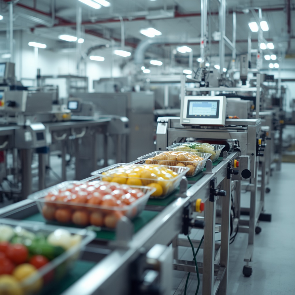 An automated, pristine food packaging line in a modern factory setting. Stainless steel machinery, vibrant fresh produce moving on conveyor belts, bright clean environment. 8k resolution, highly detailed.